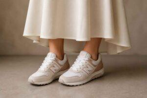 Białe sneakersy New Balance wystające spod jasnej, eleganckiej sukienki