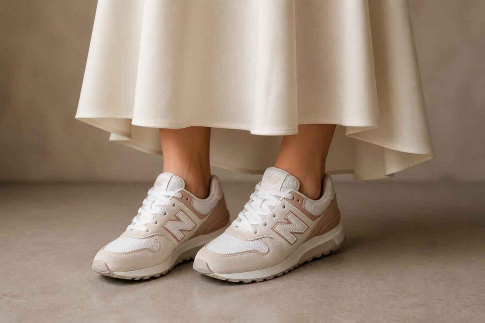 Białe sneakersy New Balance wystające spod jasnej, eleganckiej sukienki