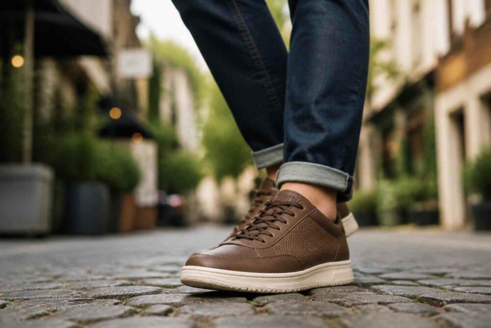 Brązowe skórzane sneakersy i podwinięte jeansy na brukowanej ulicy miejskiej