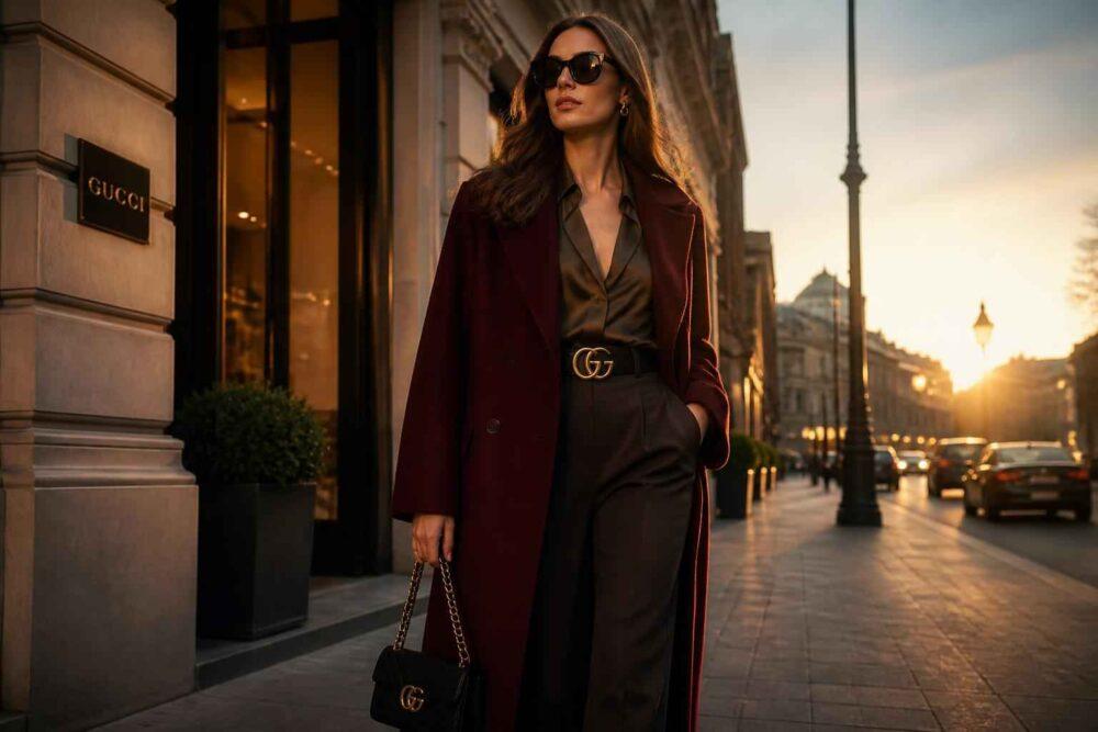 Elegancka kobieta w bordowym płaszczu przed butikem Gucci na miejskiej ulicy o zachodzie słońca