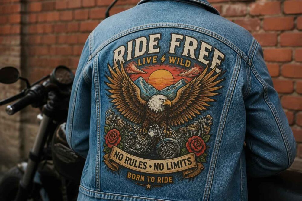 Tył niebieskiej kurtki jeansowej z naszywką orła, zachodem słońca i napisem Born to Ride