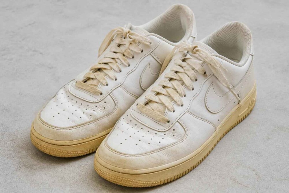 Kremowe sneakersy na betonowej powierzchni Para kremowych sneakersów z jasnobrązową podeszwą ustawiona na szarej betonowej powierzchni