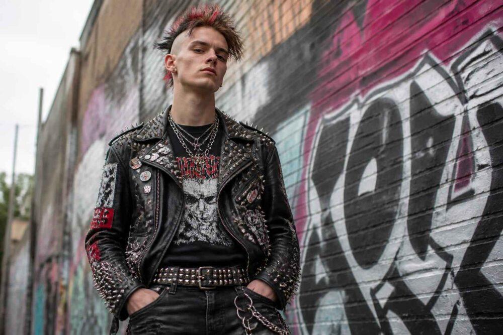 Mężczyzna w ćwiekowanej skórzanej kurtce stoi przed ścianą pokrytą graffiti